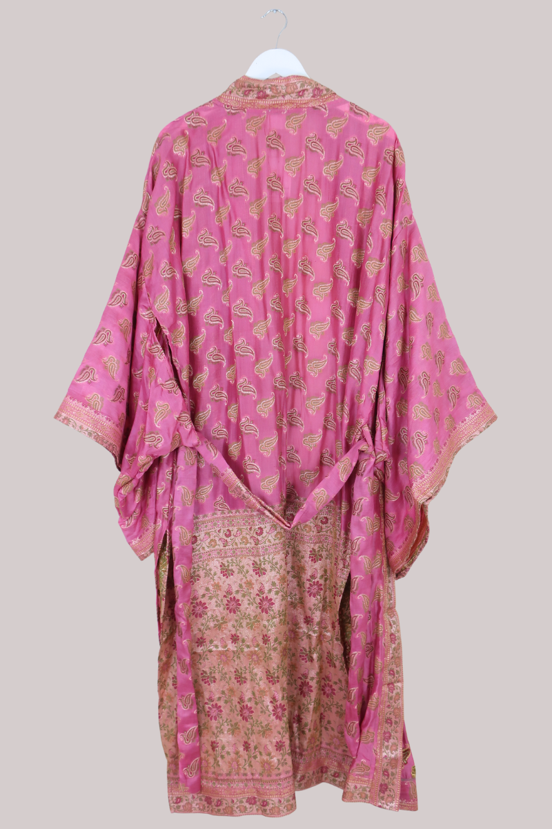 Lotus Embroidered Pure Silk Robe - Blush Pink Paisley - Free Size