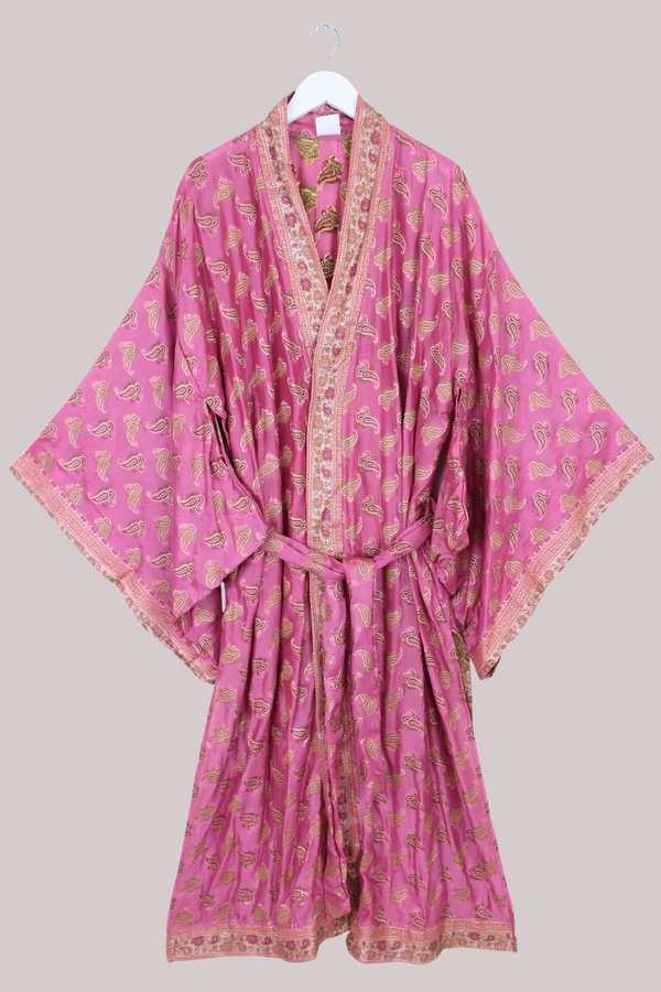 Lotus Embroidered Pure Silk Robe - Blush Pink Paisley - Free Size