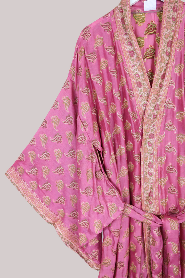 Lotus Embroidered Pure Silk Robe - Blush Pink Paisley - Free Size