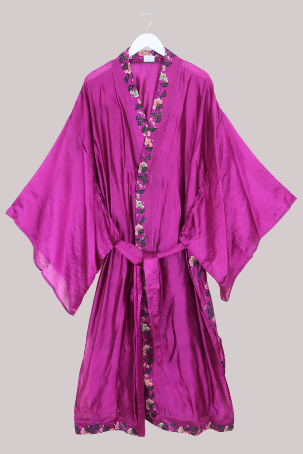 Lotus Embroidered Pure Silk Robe - Royal Magenta Florals - Free Size