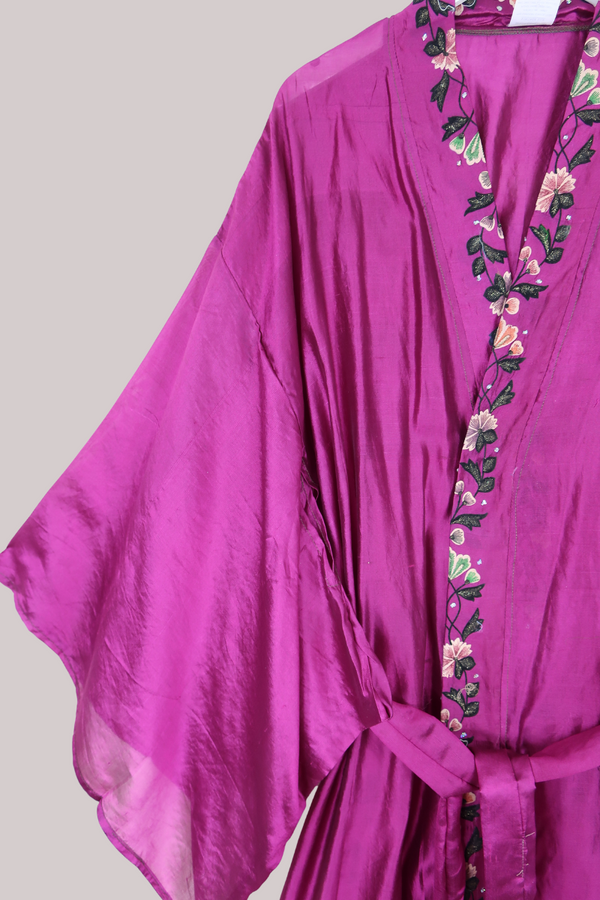 Lotus Embroidered Pure Silk Robe - Royal Magenta Florals - Free Size
