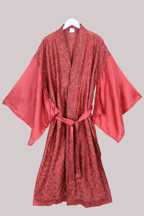 Lotus Embroidered Pure Silk Robe - Cardinal Red Sequins - Free Size