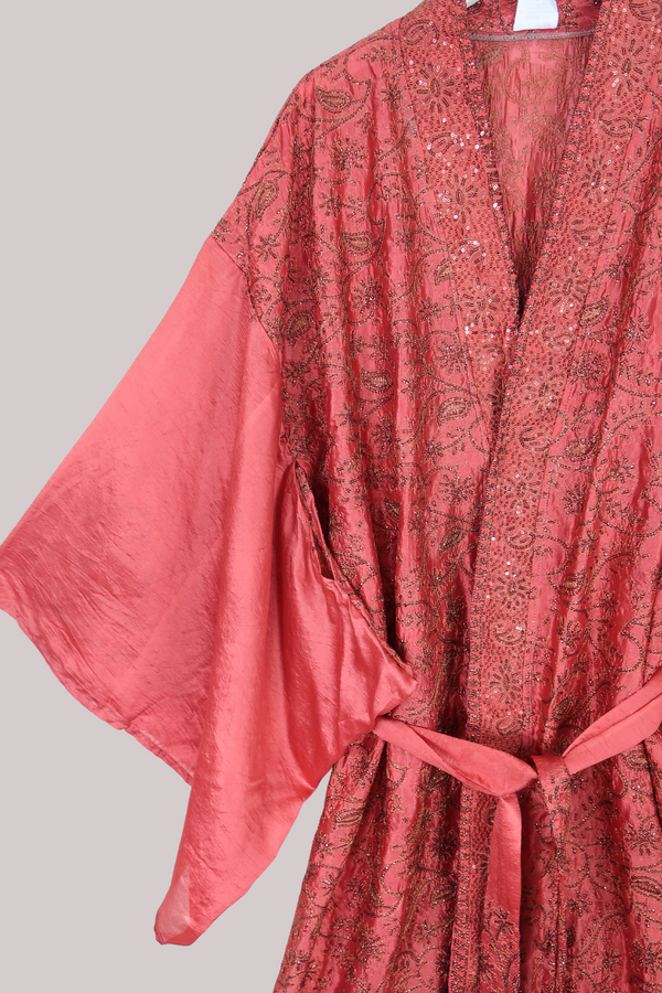 Lotus Embroidered Pure Silk Robe - Cardinal Red Sequins - Free Size
