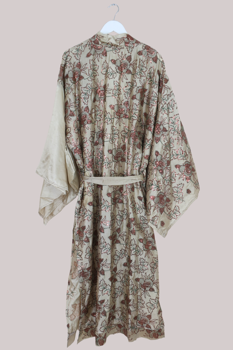 Lotus Embroidered Pure Silk Robe - Threads of Ivy & Copper - Free Size
