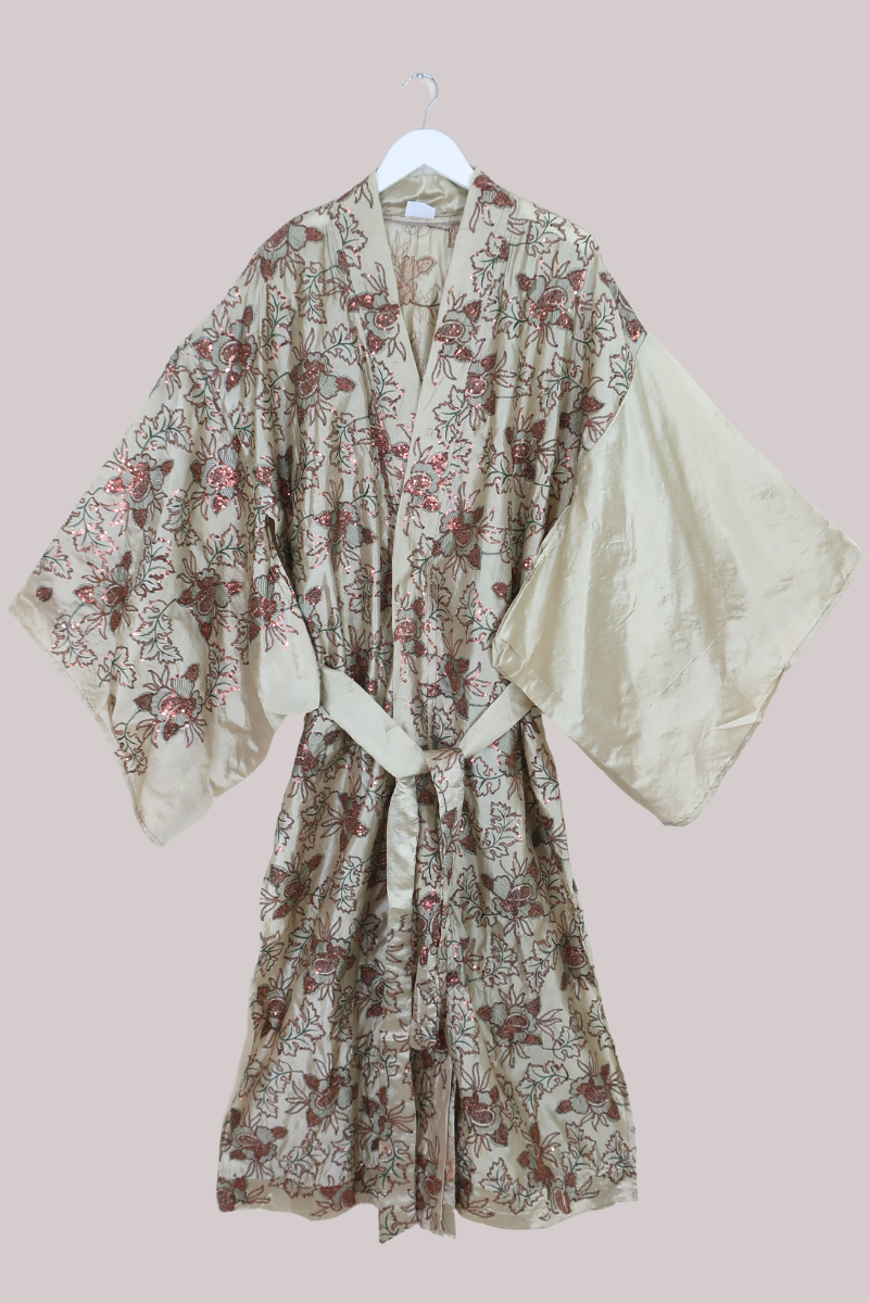 Lotus Embroidered Pure Silk Robe - Threads of Ivy & Copper - Free Size