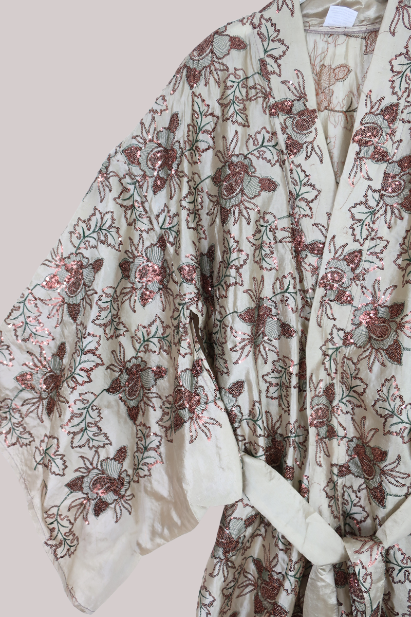 Lotus Embroidered Pure Silk Robe - Threads of Ivy & Copper - Free Size