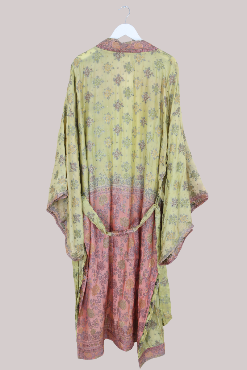 Lotus Embroidered Pure Silk Robe - Sage & Dusky Rose - Free Size