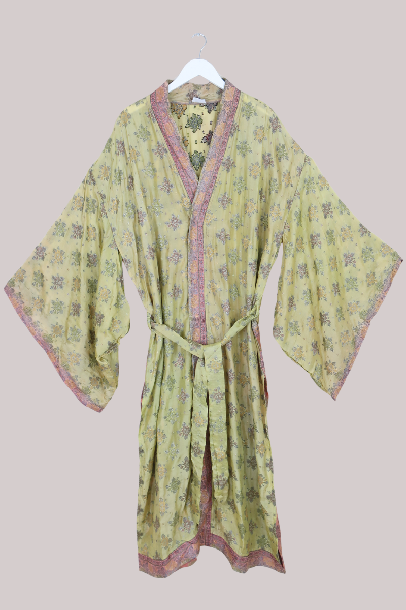 Lotus Embroidered Pure Silk Robe - Sage & Dusky Rose - Free Size