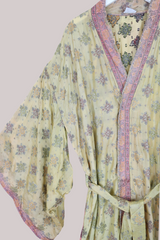 Lotus Embroidered Pure Silk Robe - Sage & Dusky Rose - Free Size