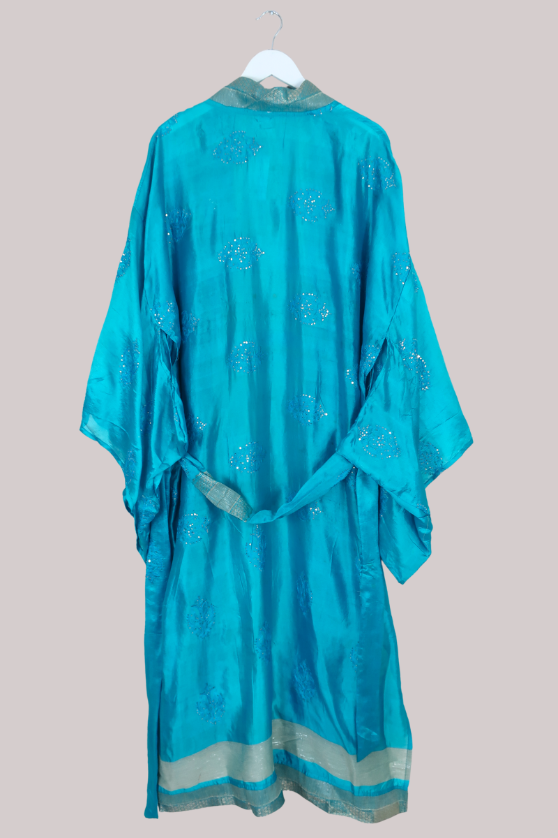 Lotus Embroidered Pure Silk Robe - Azure Blue Motif - Free Size