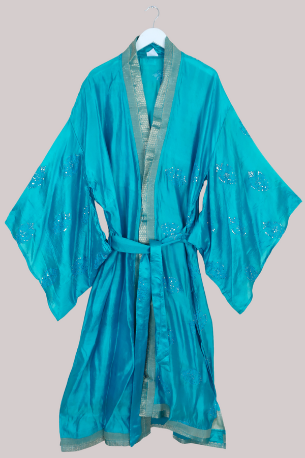 Lotus Embroidered Pure Silk Robe - Azure Blue Motif - Free Size