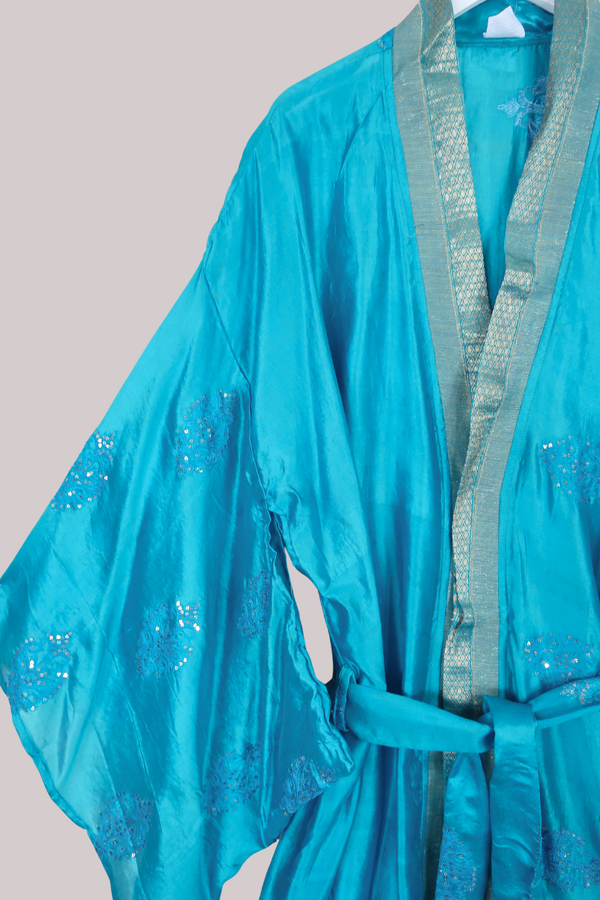 Lotus Embroidered Pure Silk Robe - Azure Blue Motif - Free Size