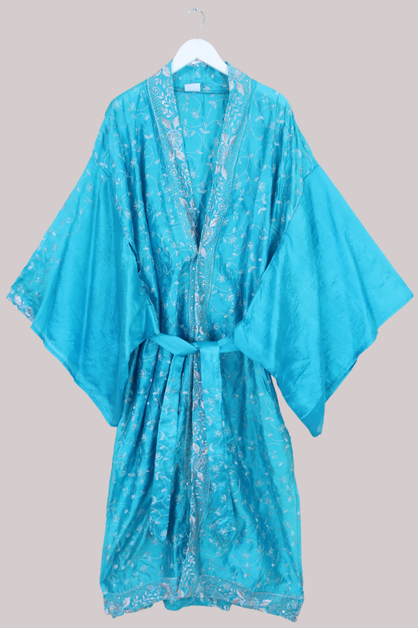 Lotus Embroidered Pure Silk Robe - Turquoise & Silver Vines - Free Size