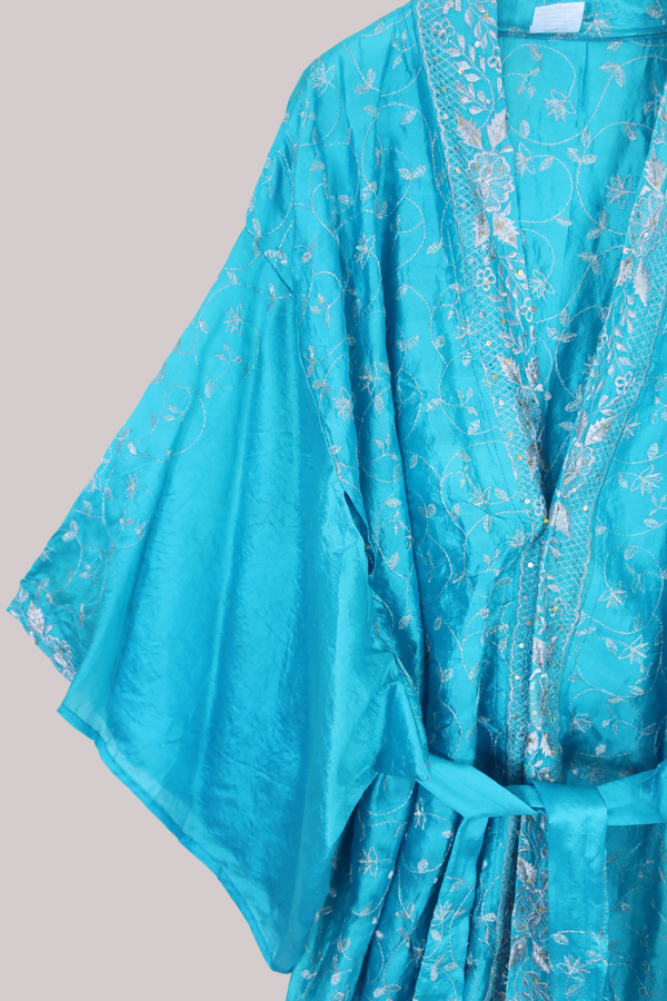 Lotus Embroidered Pure Silk Robe - Turquoise & Silver Vines - Free Size