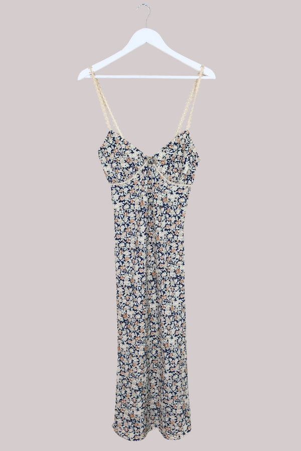 Vintage Strappy Dress - Navy & Wheat Roses - Size M by All About Audrey