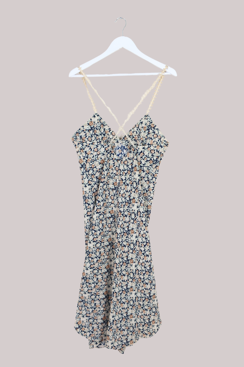 Vintage Strappy Dress - Navy & Wheat Roses - Size M by All About Audrey