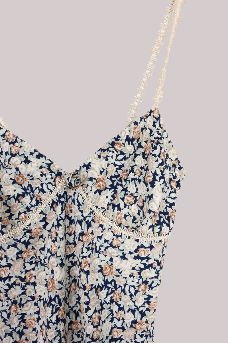 Vintage Strappy Dress - Navy & Wheat Roses - Size M by All About Audrey