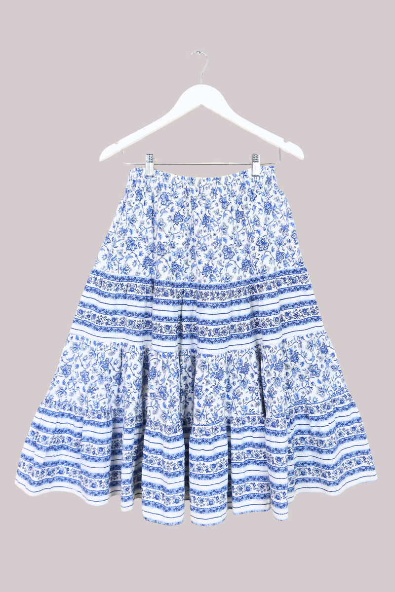 Vintage Skirt - Prairie Blue & White Border Floral - Free Size by All About Audrey