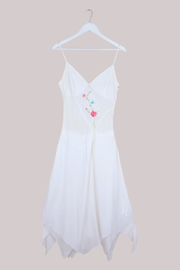 Vintage 90s Handkerchief Sundress - White Floral Embroidered - Size S by All About Audrey