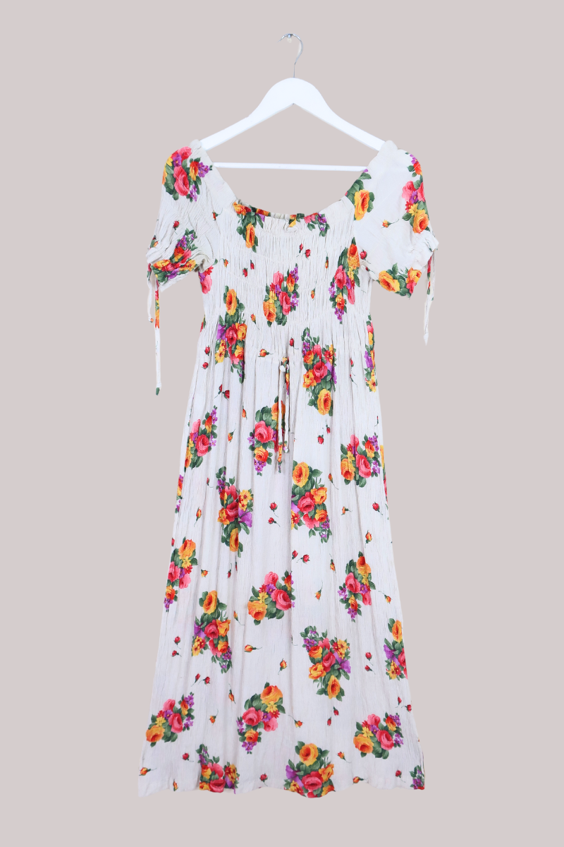 Vintage Bardot Dress - Almond Colourful Roses - Size XS-S/M by All About Audrey
