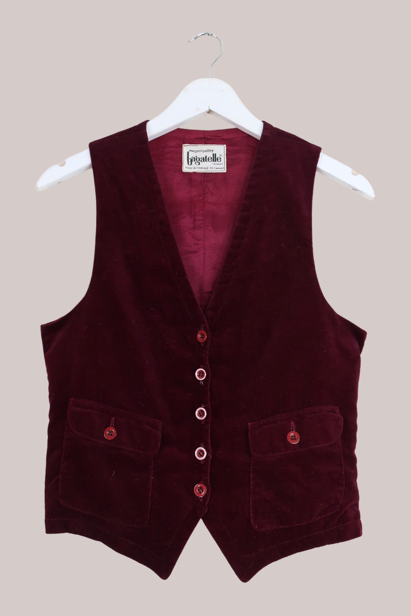 Vintage Burgundy Velvet Waistcoat - Size XXS by All About Audrey