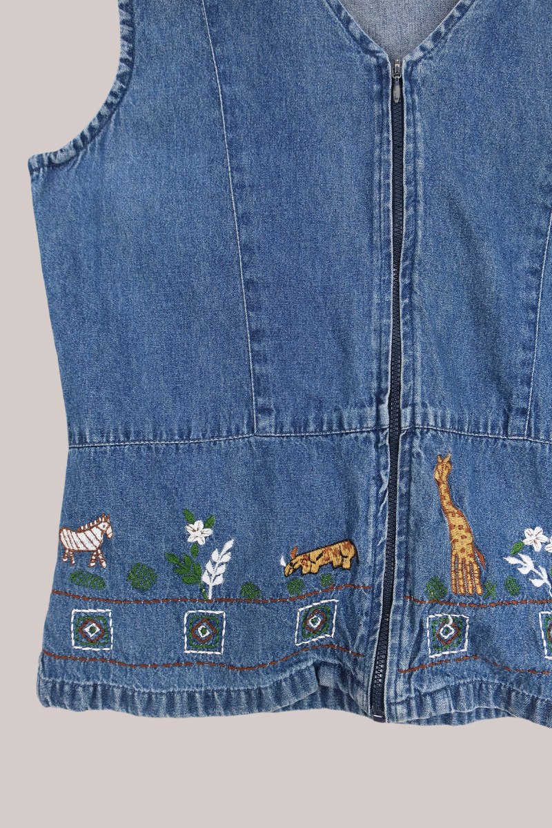 Vintage Child's Play Embroidered Denim Waistcoat - Size S/M by All About Audrey
