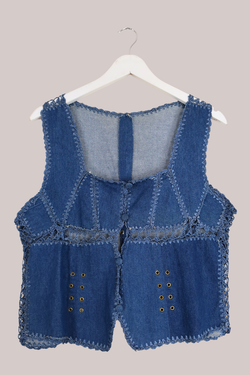 Vintage Patchwork Classic Blue Denim Waistcoat - Size S by All About Audrey