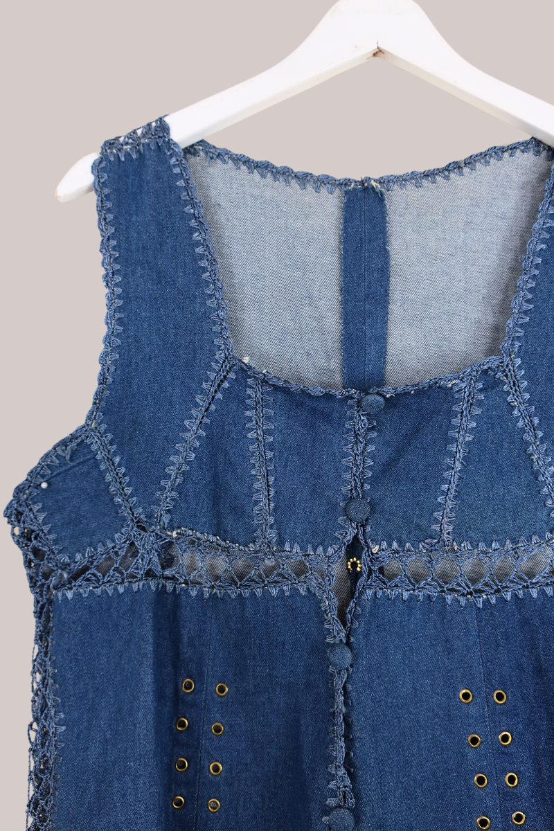 Vintage Patchwork Classic Blue Denim Waistcoat - Size S by All About Audrey