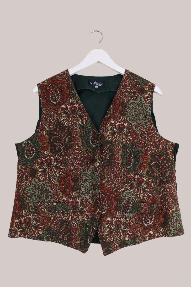 Vintage Green & Garnet Floral Paisley Print Waistcoat - Size XL by All About Audrey