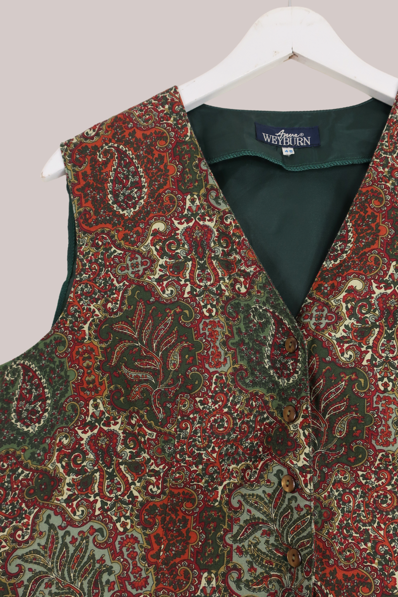 Vintage Green & Garnet Floral Paisley Print Waistcoat - Size XL by All About Audrey