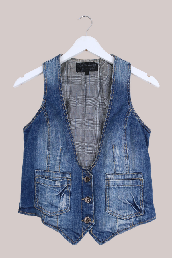 Vintage 90s Cut Distressed Denim Waistcoat - Size XXS by All About Audrey