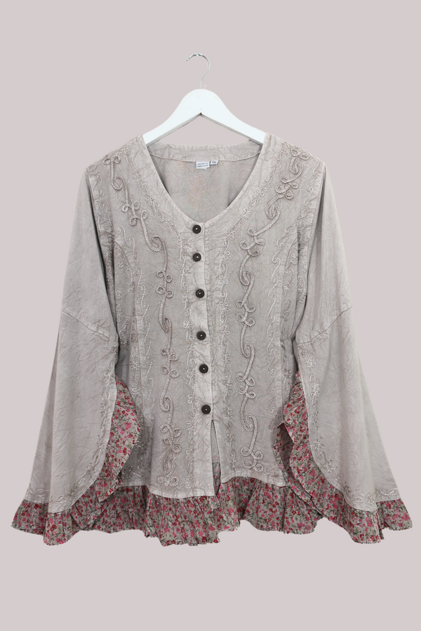 Embroidered Frill Sleeve Blouse in Maple White - Free Size