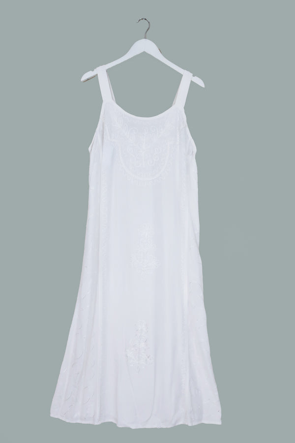 Indian Embroidered Strappy Maxi in Grecian White