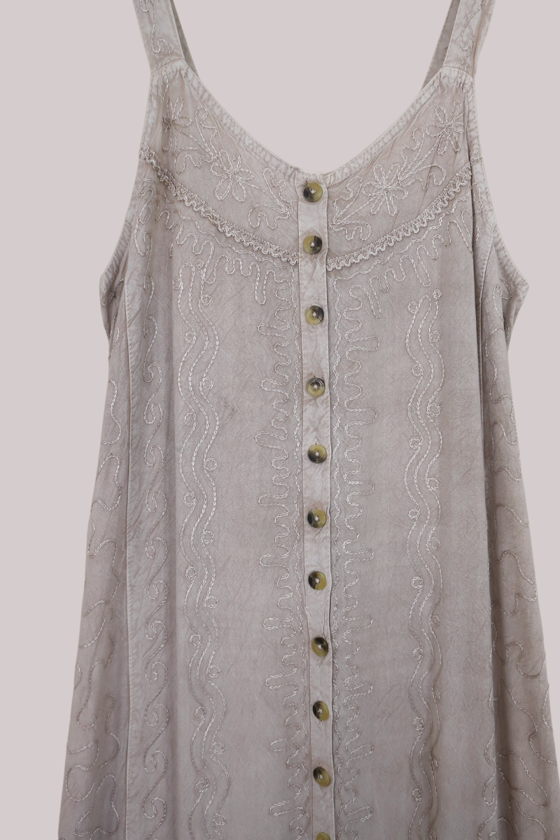 Indian Button-Up Maxi Sundress with Maple Wave Embroidery - Free Size by All About Audrey