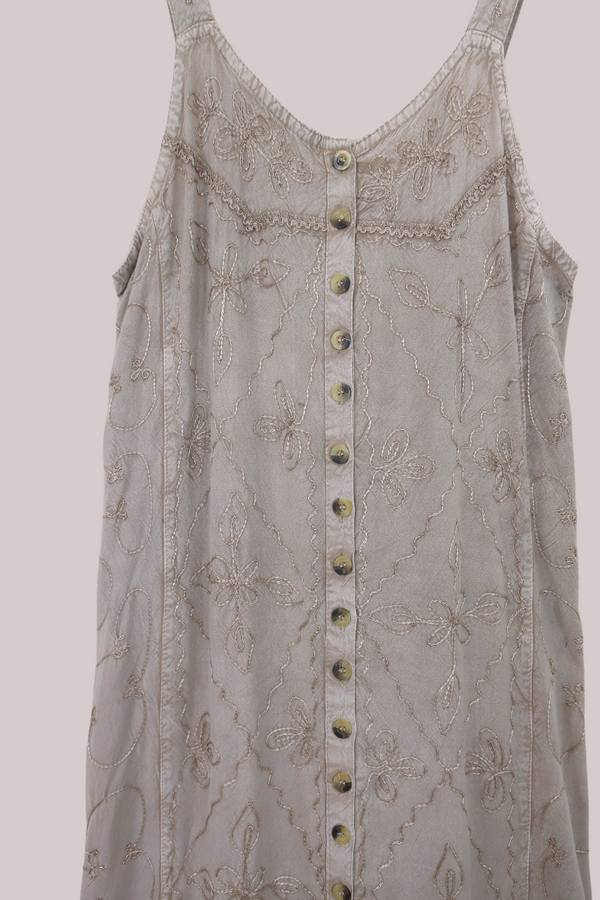 Indian Button-Up Maxi Sundress with Maple Floral Embroidery - Free Size by All About Audrey