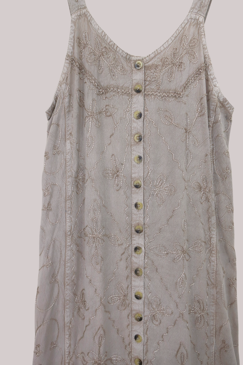 Indian Button-Up Maxi Sundress with Maple Floral Embroidery - Free Size by All About Audrey