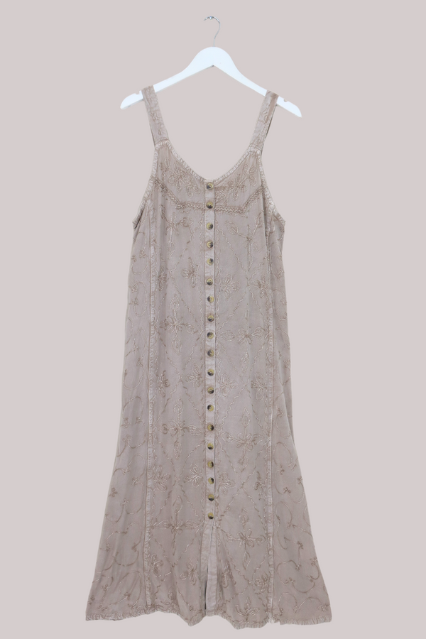 Indian Button-Up Maxi Sundress with Maple Floral Embroidery - Free Size by All About Audrey