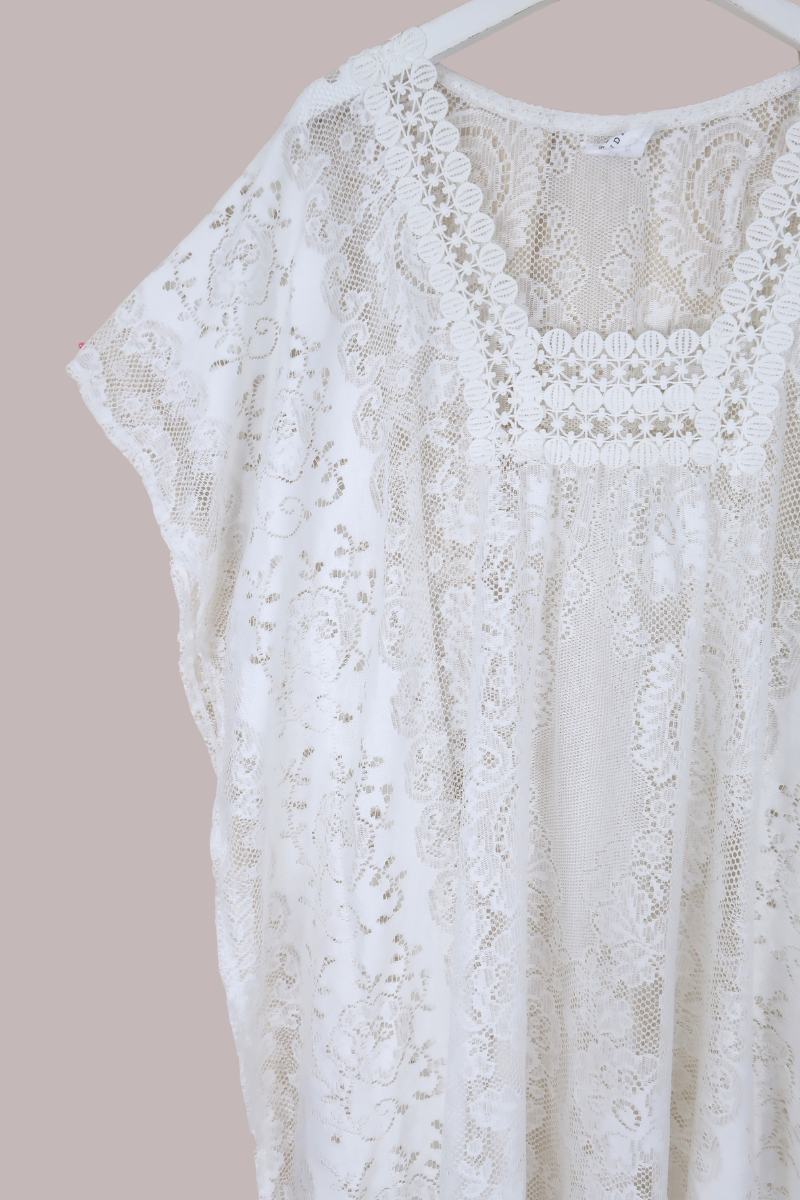 Priscilla Kaftan Dress in Primrose White Lace - Free Size