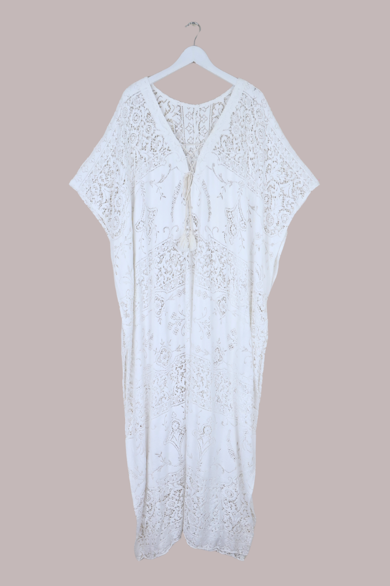 Frida Kaftan Dress in Parisian White Lace - Free Size