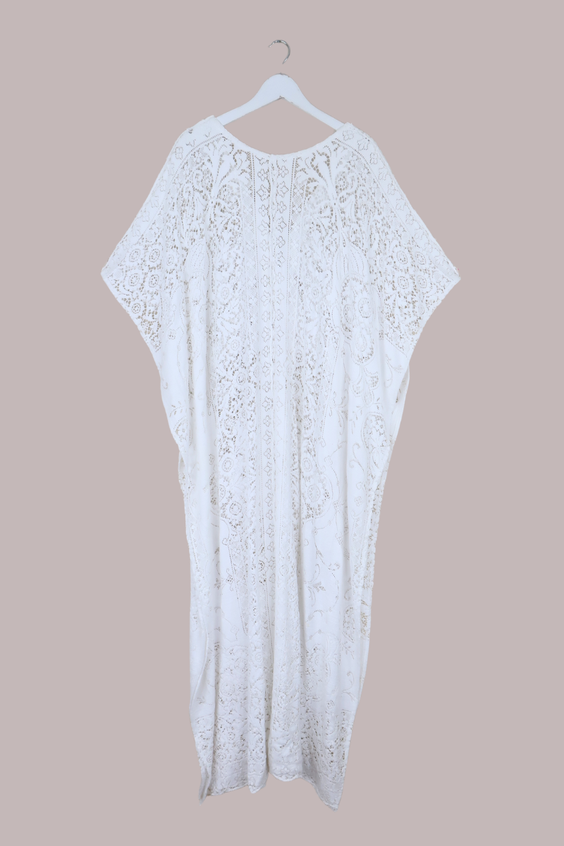 Frida Kaftan Dress in Parisian White Lace - Free Size