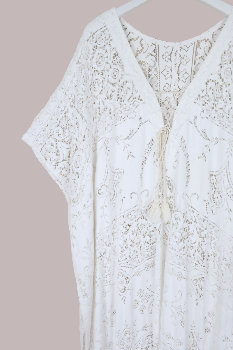 Frida Kaftan Dress in Parisian White Lace - Free Size