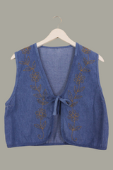 Willa Reclaimed Denim Waistcoat - Golden Beaded Buttercups - Size S/M by All About Audrey