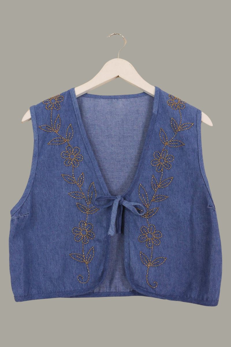 Willa Reclaimed Denim Waistcoat - Golden Beaded Buttercups - Size S/M by All About Audrey