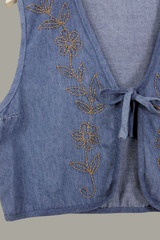 Willa Reclaimed Denim Waistcoat - Golden Beaded Buttercups - Size S/M by All About Audrey