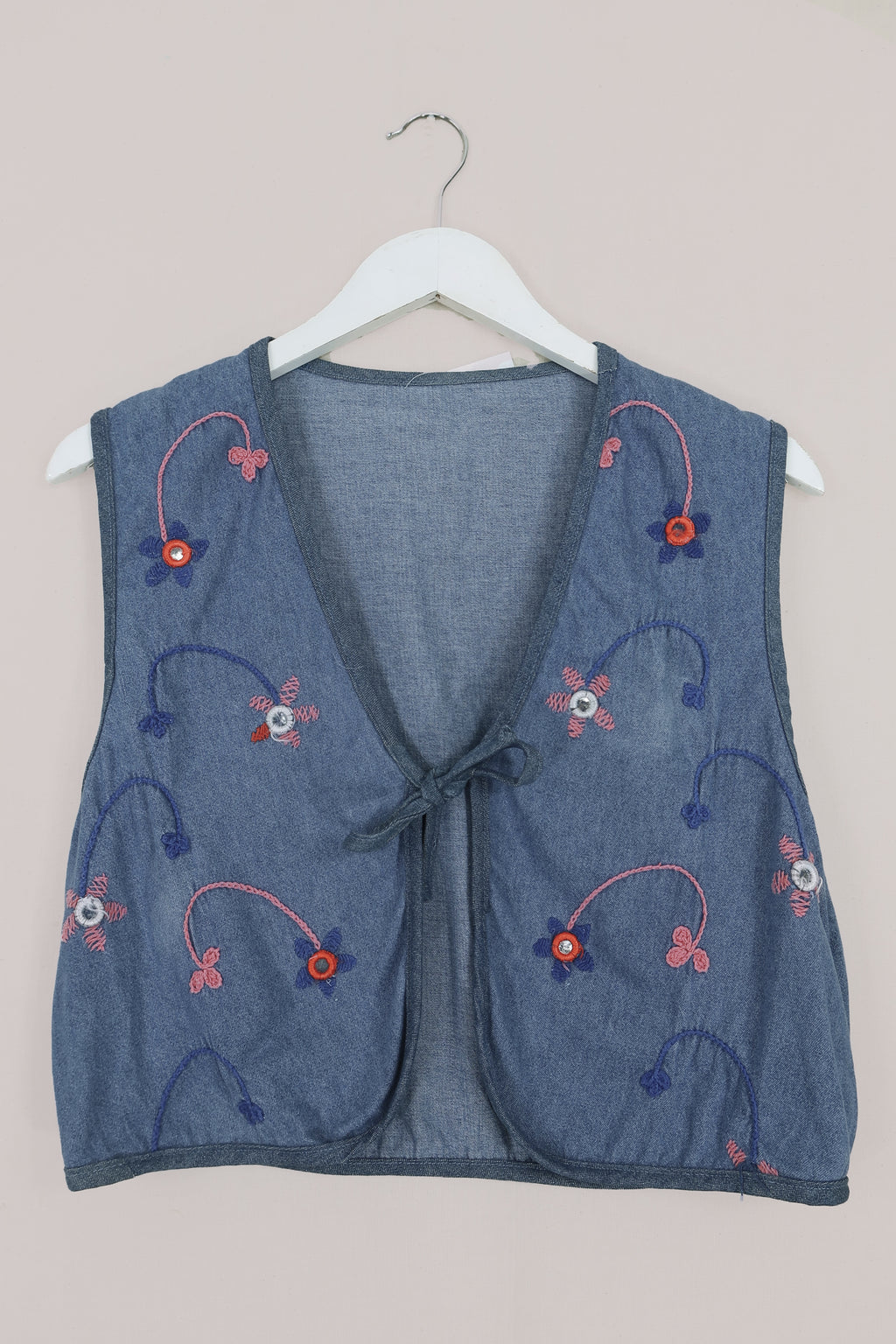 Willa Reclaimed Denim Waistcoat - Shisha Flower Embroidery - Size M by All About Audrey