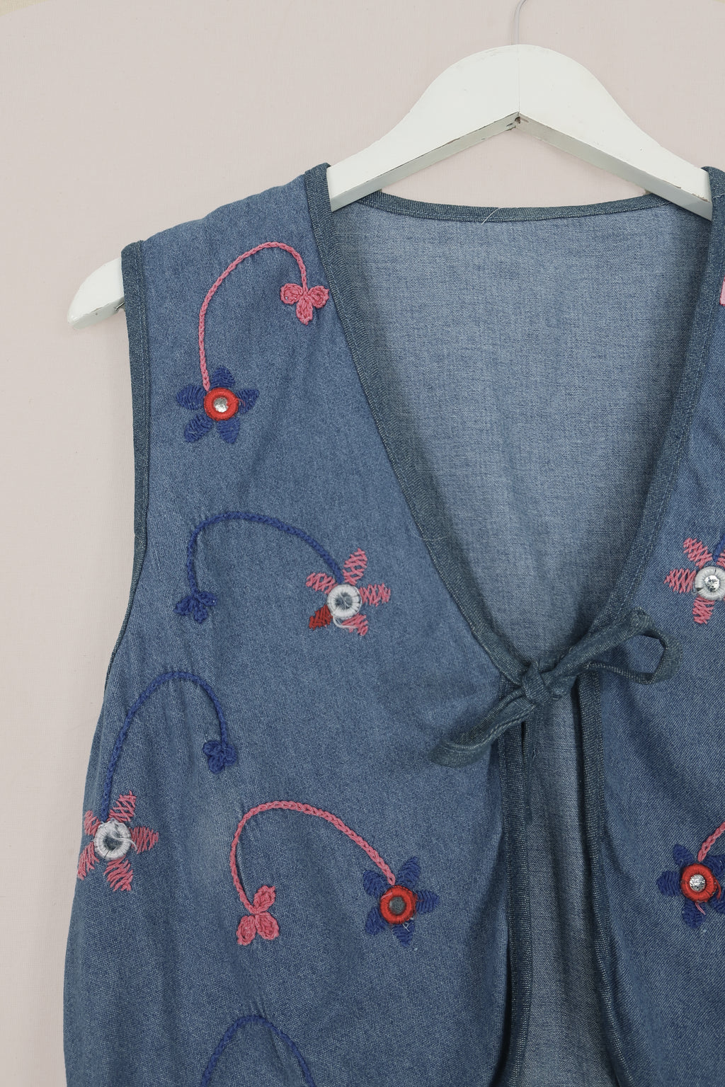 Willa Reclaimed Denim Waistcoat - Shisha Flower Embroidery - Size M by All About Audrey