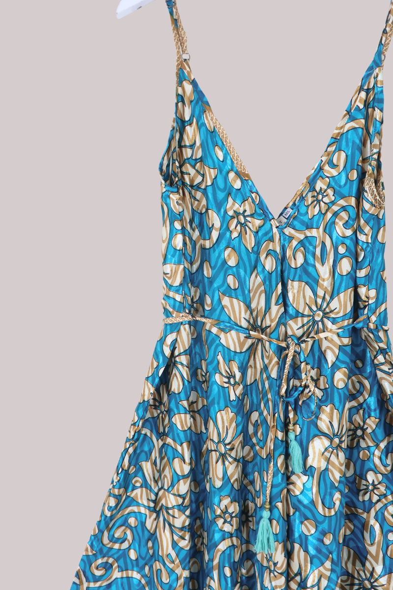 Winona Vintage Sari Jumpsuit in Adonis Teal - Size L