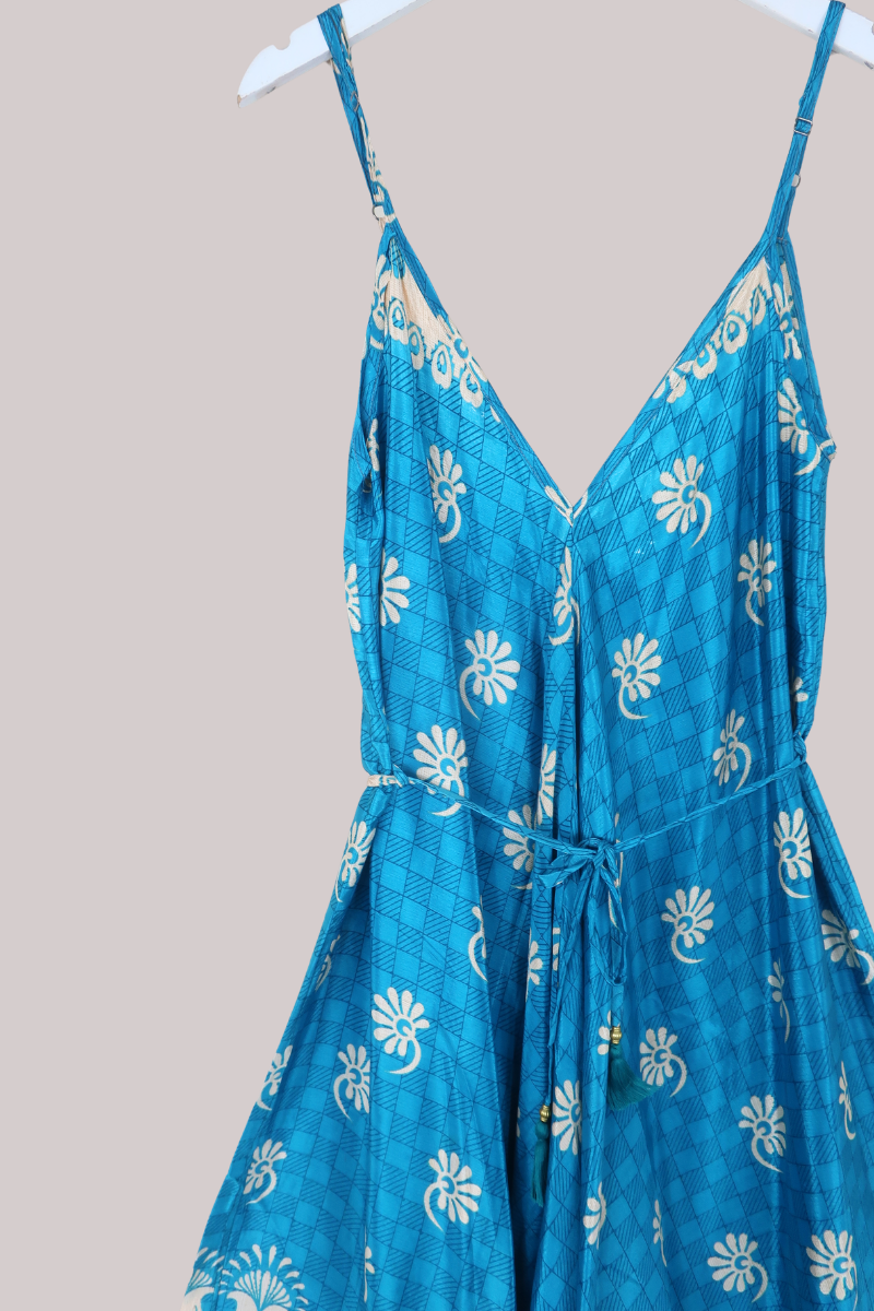 Winona Vintage Sari Jumpsuit in Clear Blue Waters - Size L
