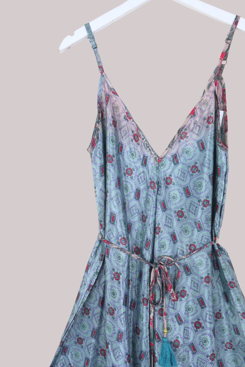 Winona Vintage Sari Jumpsuit in Diamond Blue Mosaic - Size L