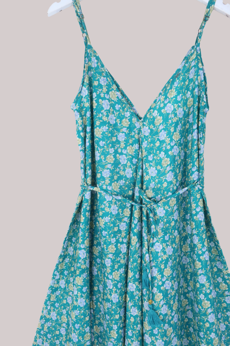 Winona Vintage Sari Jumpsuit in Green Tea Florals - Size M